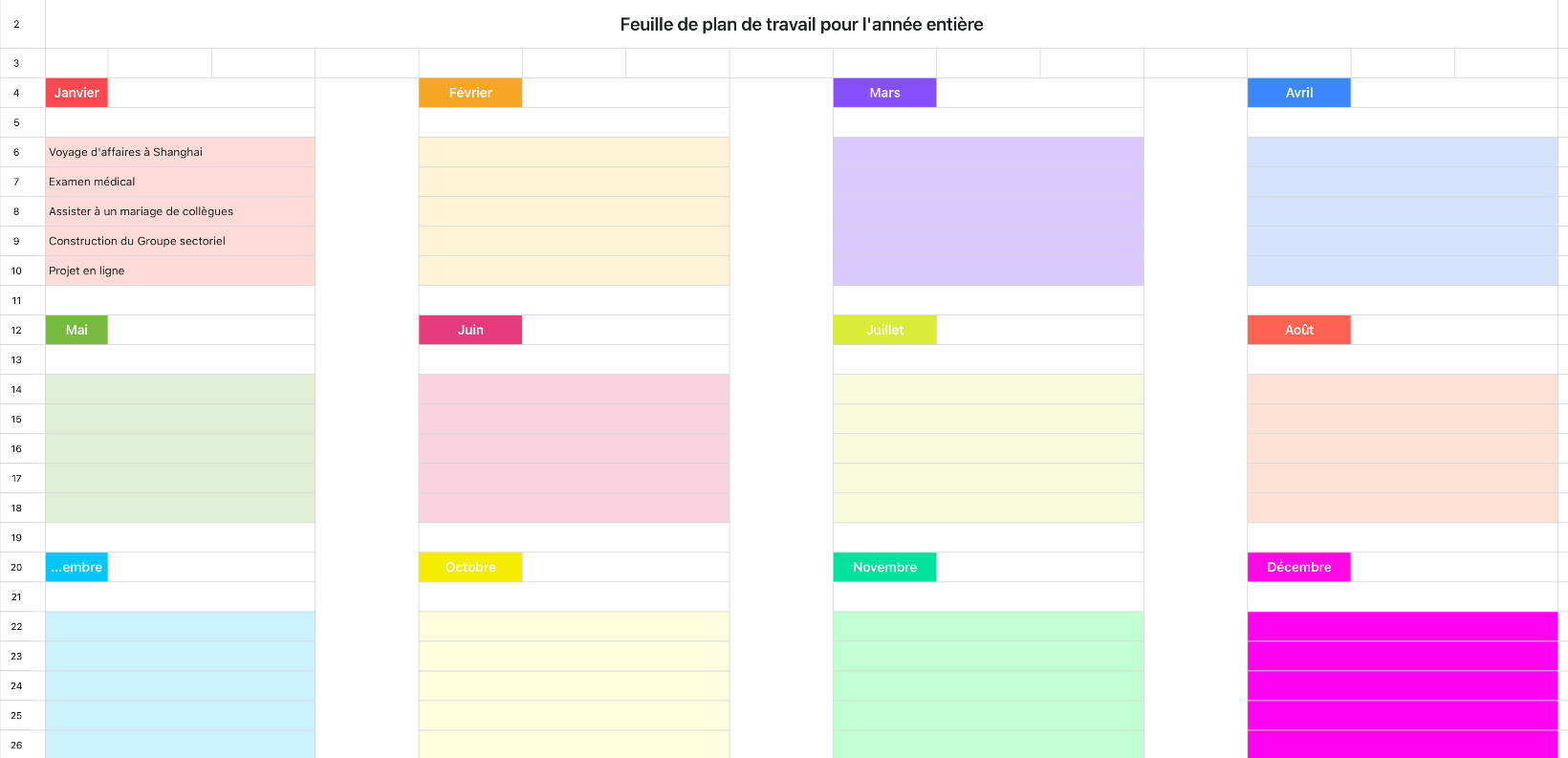 Feuille de plan de travail pour l'année entière